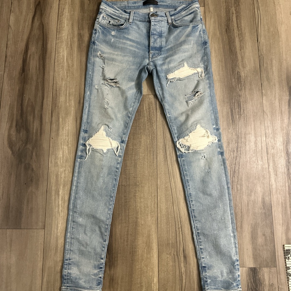 AMIRI Light Blue Distressed Skinny Jeans